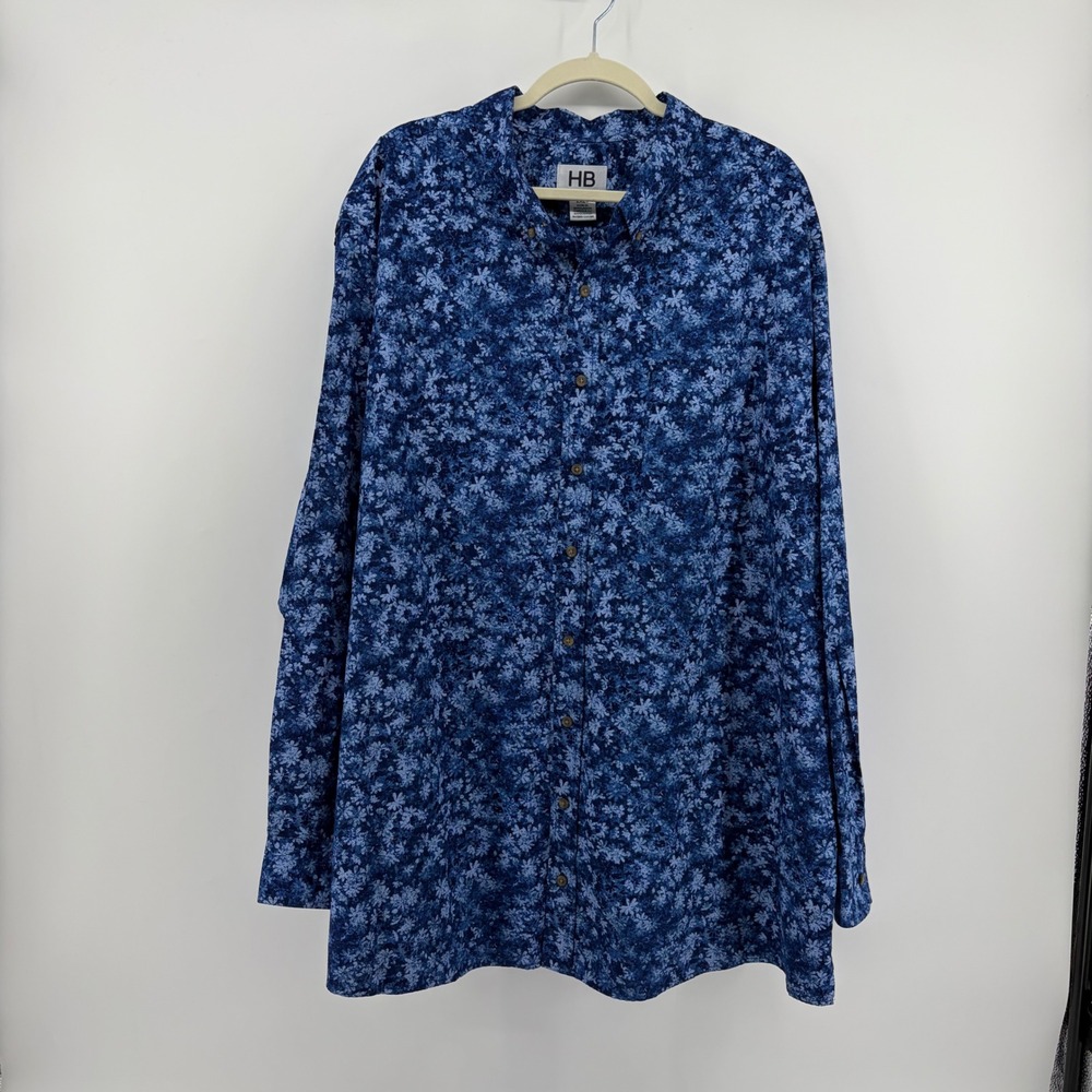 HB Harbor Bay Mens 2XLT Blue Floral Button‎ Down Shirt Long Sleeve Cotton Blend